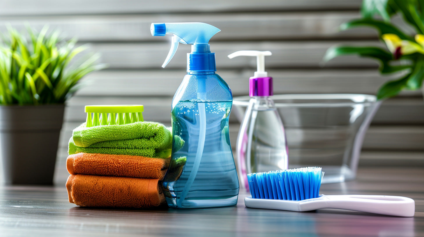 Neatly arranged cleaning supplies